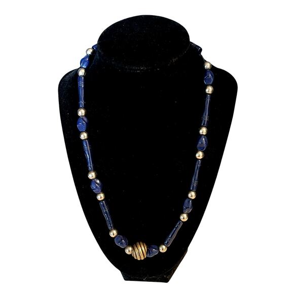 vintage cobalt blue and silver beaded necklace screw on back statement piece - Picture 1 of 12